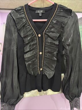 New AZI Black Ruffled V-Neck blouse with long Sleeves